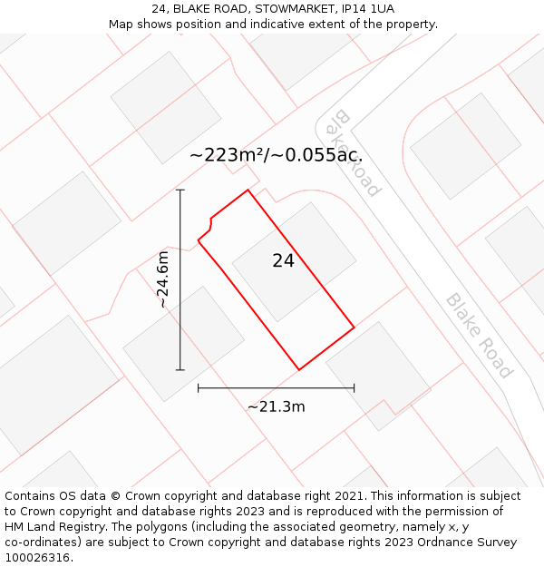 24, BLAKE ROAD, STOWMARKET, IP14 1UA: Plot and title map