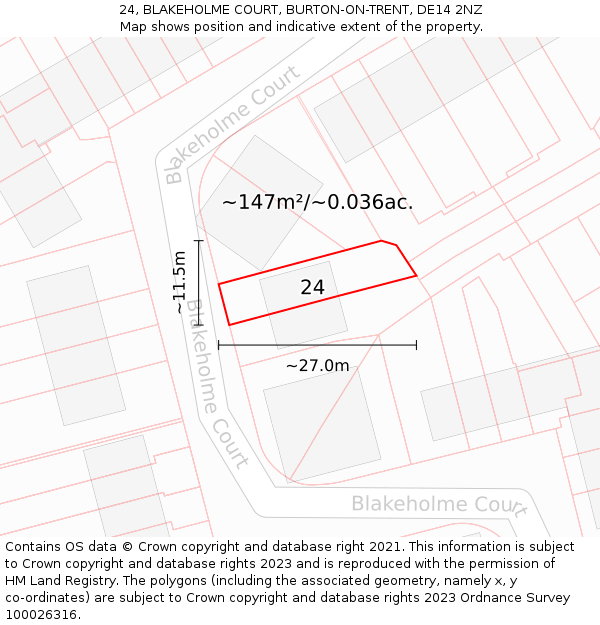 24, BLAKEHOLME COURT, BURTON-ON-TRENT, DE14 2NZ: Plot and title map