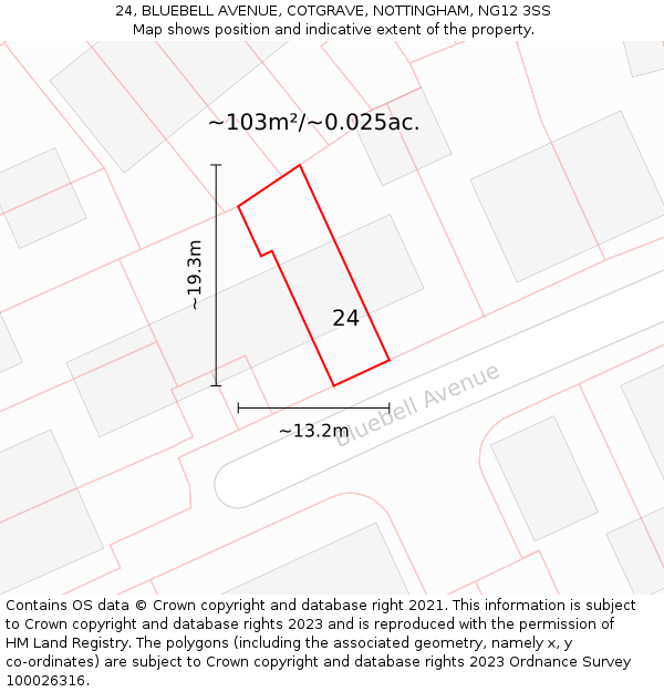 24, BLUEBELL AVENUE, COTGRAVE, NOTTINGHAM, NG12 3SS: Plot and title map