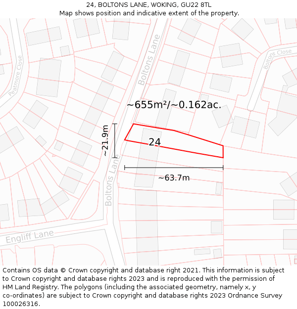 24, BOLTONS LANE, WOKING, GU22 8TL: Plot and title map