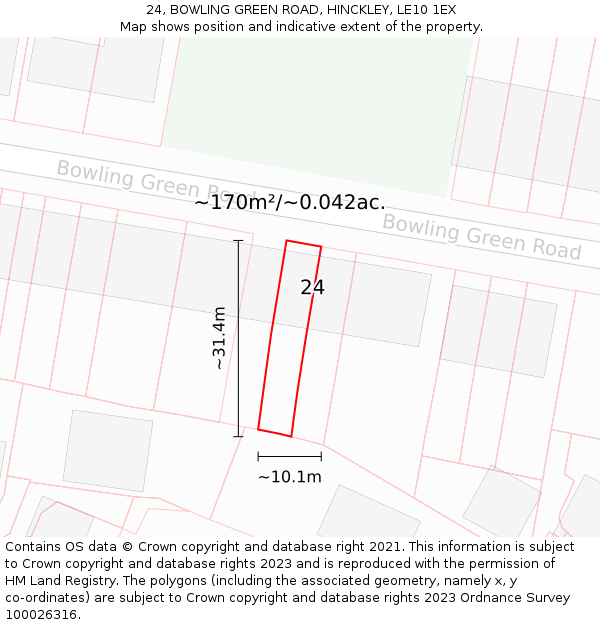 24, BOWLING GREEN ROAD, HINCKLEY, LE10 1EX: Plot and title map