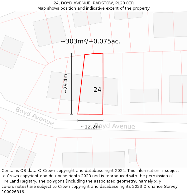 24, BOYD AVENUE, PADSTOW, PL28 8ER: Plot and title map