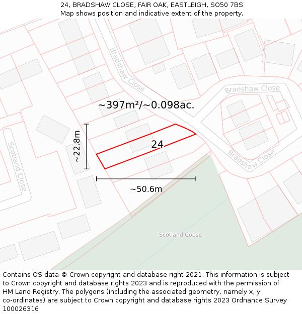 24, BRADSHAW CLOSE, FAIR OAK, EASTLEIGH, SO50 7BS: Plot and title map