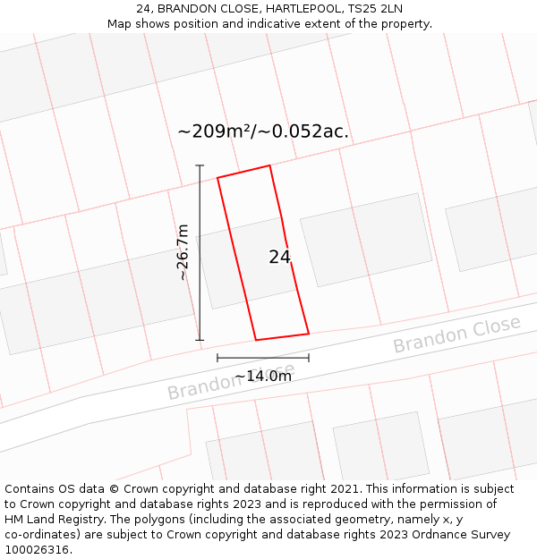 24, BRANDON CLOSE, HARTLEPOOL, TS25 2LN: Plot and title map