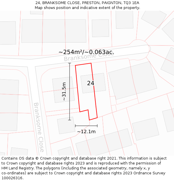 24, BRANKSOME CLOSE, PRESTON, PAIGNTON, TQ3 1EA: Plot and title map
