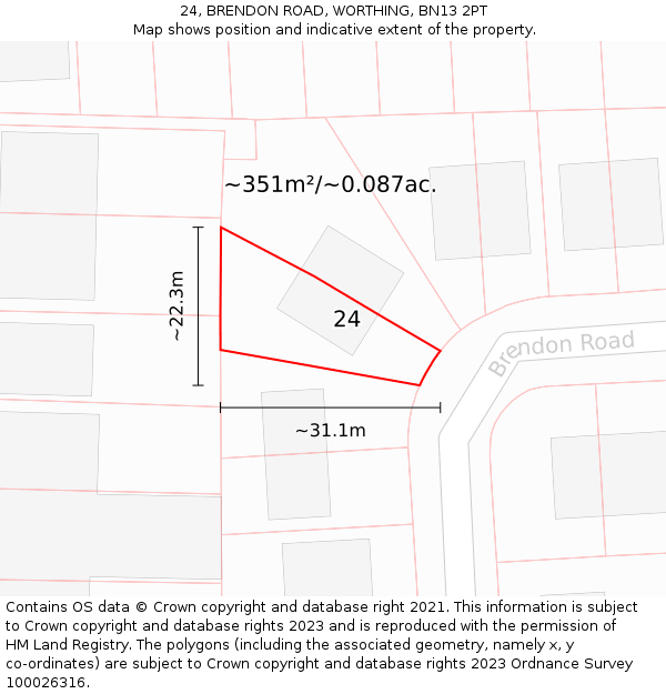 24, BRENDON ROAD, WORTHING, BN13 2PT: Plot and title map