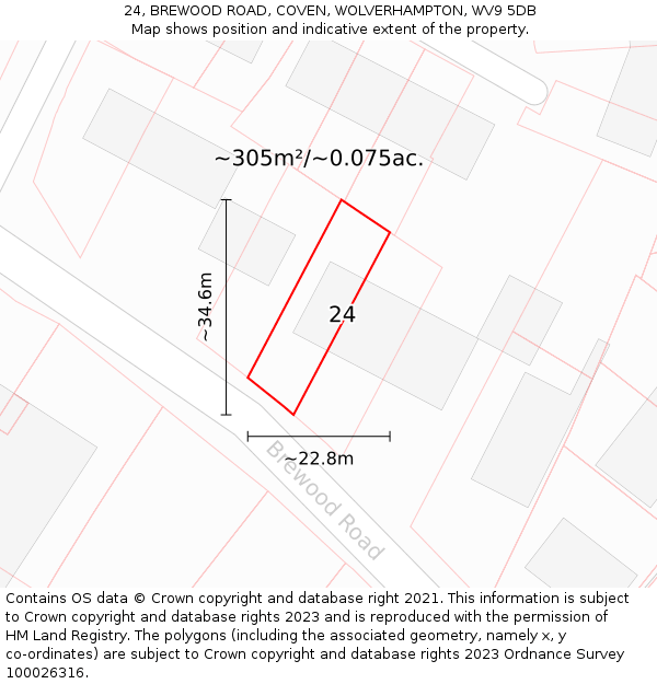 24, BREWOOD ROAD, COVEN, WOLVERHAMPTON, WV9 5DB: Plot and title map