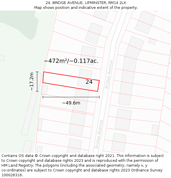 24, BRIDGE AVENUE, UPMINSTER, RM14 2LX: Plot and title map