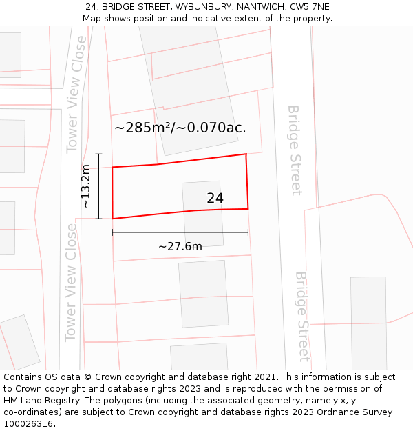 24, BRIDGE STREET, WYBUNBURY, NANTWICH, CW5 7NE: Plot and title map