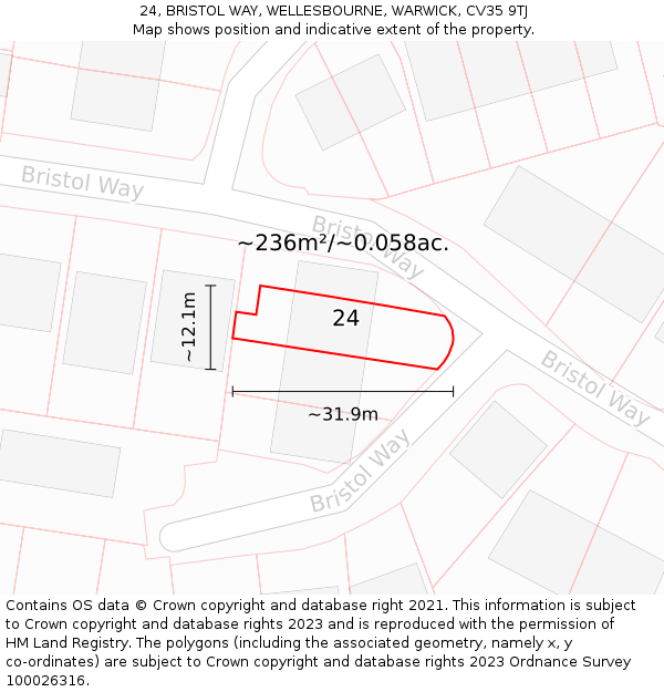 24, BRISTOL WAY, WELLESBOURNE, WARWICK, CV35 9TJ: Plot and title map