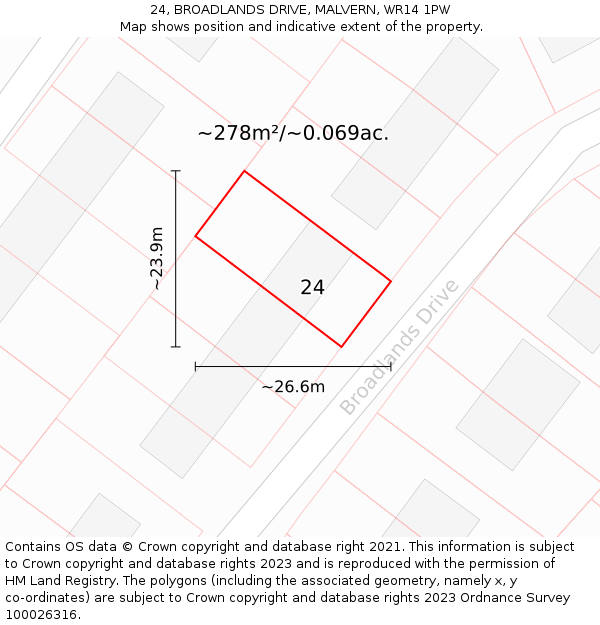 24, BROADLANDS DRIVE, MALVERN, WR14 1PW: Plot and title map