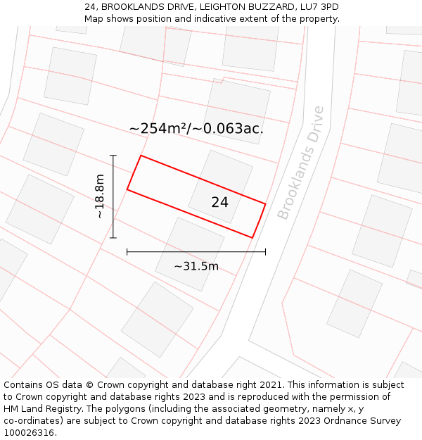 24, BROOKLANDS DRIVE, LEIGHTON BUZZARD, LU7 3PD: Plot and title map