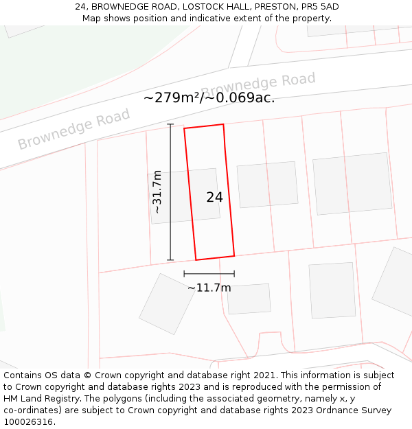 24, BROWNEDGE ROAD, LOSTOCK HALL, PRESTON, PR5 5AD: Plot and title map