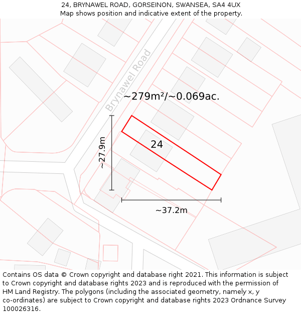 24, BRYNAWEL ROAD, GORSEINON, SWANSEA, SA4 4UX: Plot and title map