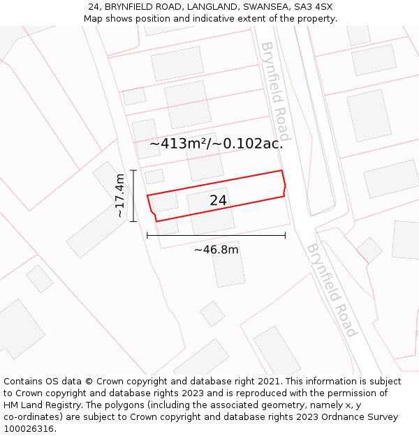 24, BRYNFIELD ROAD, LANGLAND, SWANSEA, SA3 4SX: Plot and title map