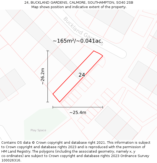 24, BUCKLAND GARDENS, CALMORE, SOUTHAMPTON, SO40 2SB: Plot and title map