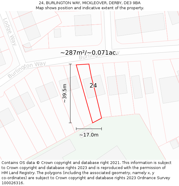 24, BURLINGTON WAY, MICKLEOVER, DERBY, DE3 9BA: Plot and title map