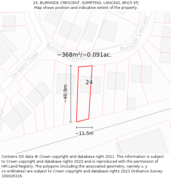 24, BURNSIDE CRESCENT, SOMPTING, LANCING, BN15 9TJ: Plot and title map