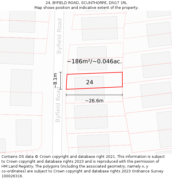 24, BYFIELD ROAD, SCUNTHORPE, DN17 1RL: Plot and title map