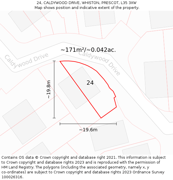 24, CALDYWOOD DRIVE, WHISTON, PRESCOT, L35 3XW: Plot and title map