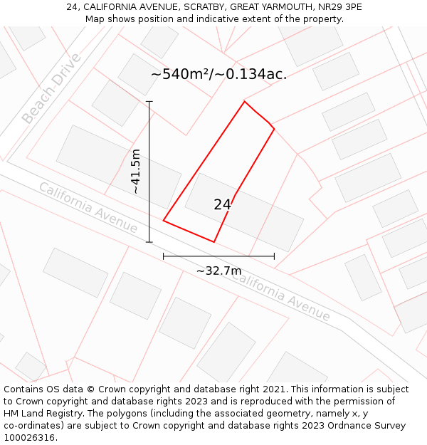 24, CALIFORNIA AVENUE, SCRATBY, GREAT YARMOUTH, NR29 3PE: Plot and title map