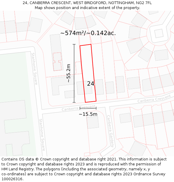 24, CANBERRA CRESCENT, WEST BRIDGFORD, NOTTINGHAM, NG2 7FL: Plot and title map