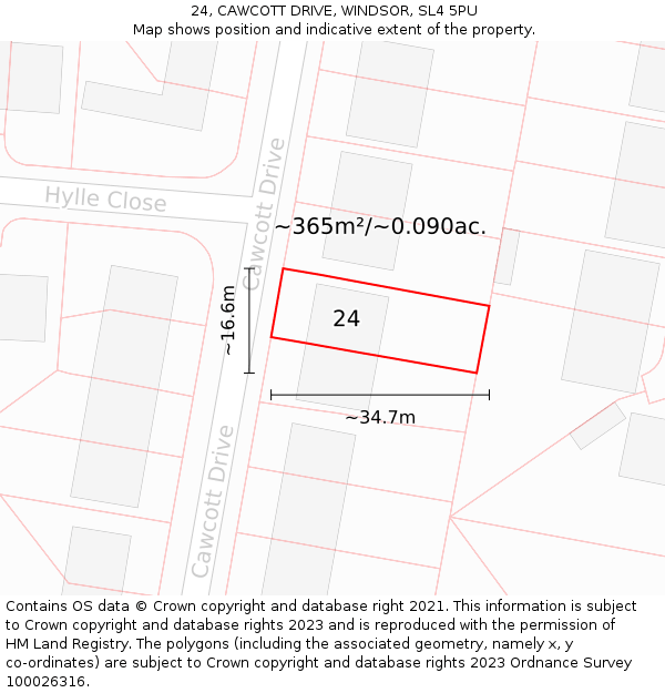 24, CAWCOTT DRIVE, WINDSOR, SL4 5PU: Plot and title map