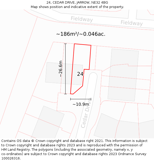 24, CEDAR DRIVE, JARROW, NE32 4BG: Plot and title map