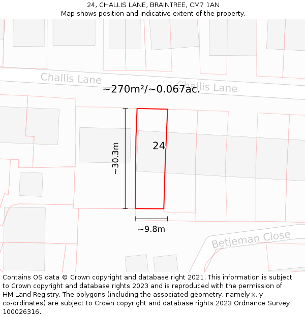 24, CHALLIS LANE, BRAINTREE, CM7 1AN: Plot and title map