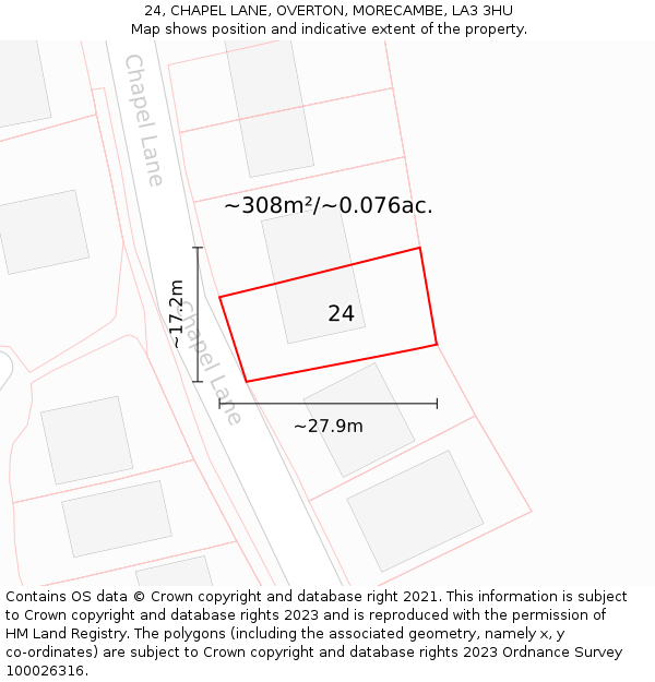 24, CHAPEL LANE, OVERTON, MORECAMBE, LA3 3HU: Plot and title map