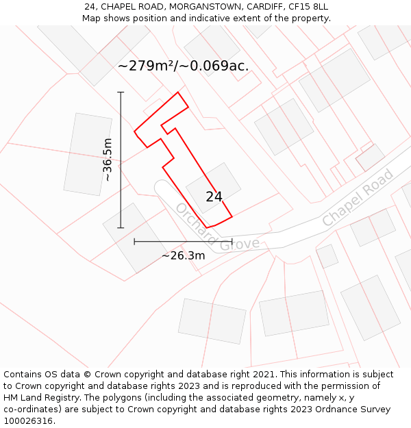 24, CHAPEL ROAD, MORGANSTOWN, CARDIFF, CF15 8LL: Plot and title map