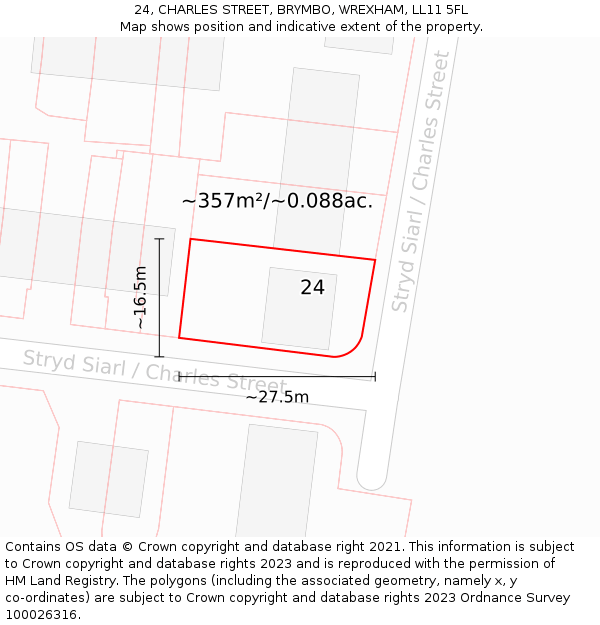 24, CHARLES STREET, BRYMBO, WREXHAM, LL11 5FL: Plot and title map