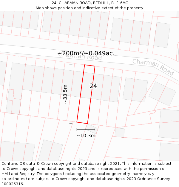 24, CHARMAN ROAD, REDHILL, RH1 6AG: Plot and title map