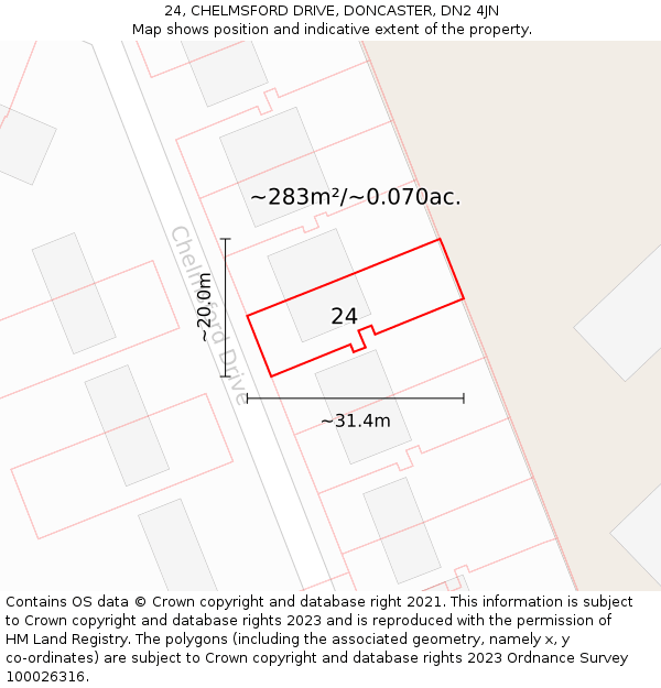 24, CHELMSFORD DRIVE, DONCASTER, DN2 4JN: Plot and title map