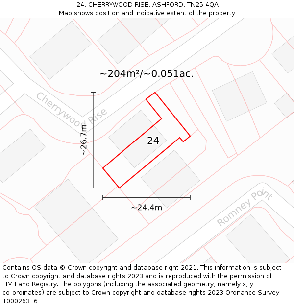 24, CHERRYWOOD RISE, ASHFORD, TN25 4QA: Plot and title map