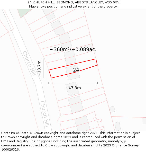 24, CHURCH HILL, BEDMOND, ABBOTS LANGLEY, WD5 0RN: Plot and title map