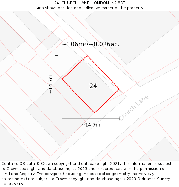 24, CHURCH LANE, LONDON, N2 8DT: Plot and title map