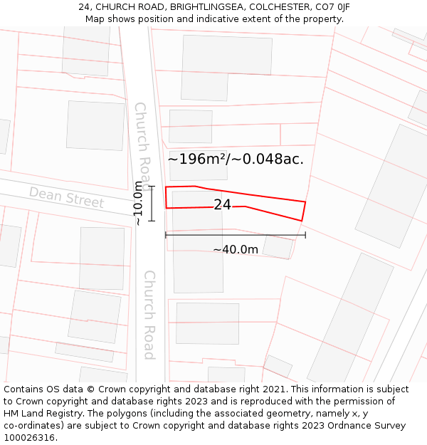 24, CHURCH ROAD, BRIGHTLINGSEA, COLCHESTER, CO7 0JF: Plot and title map