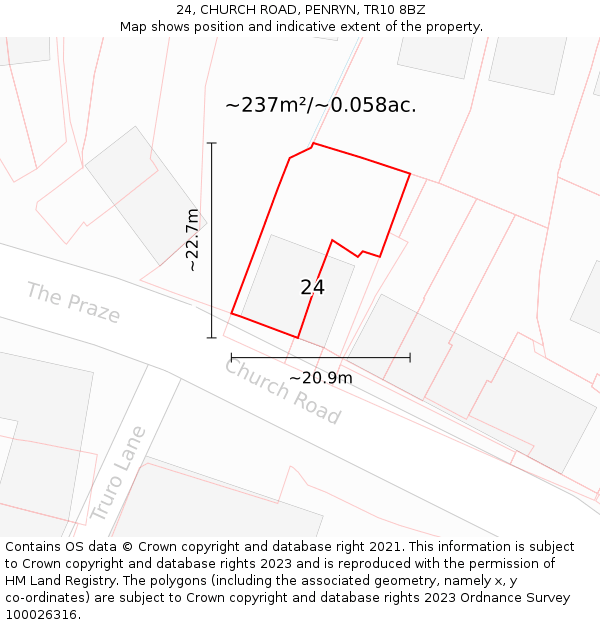 24, CHURCH ROAD, PENRYN, TR10 8BZ: Plot and title map