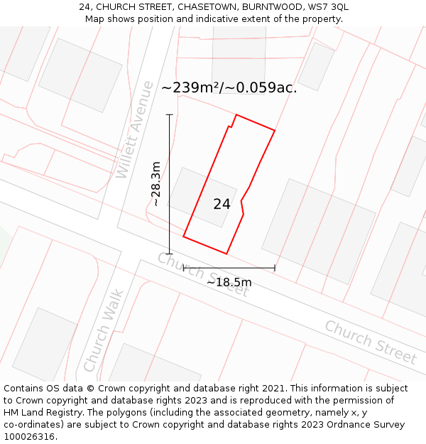 24, CHURCH STREET, CHASETOWN, BURNTWOOD, WS7 3QL: Plot and title map