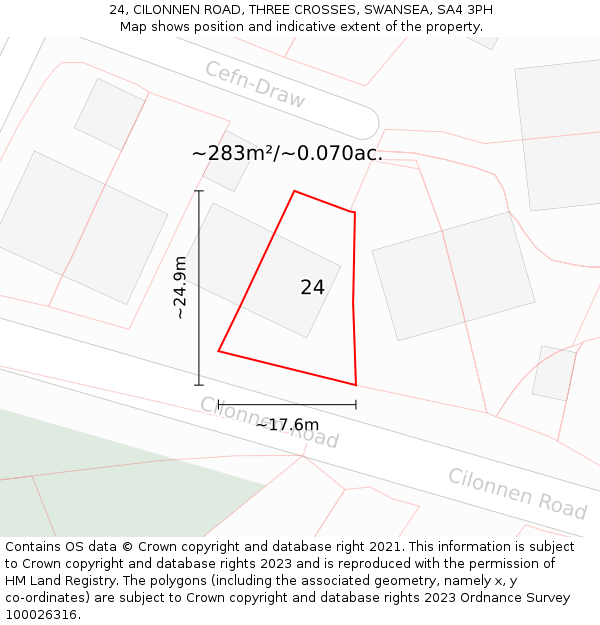 24, CILONNEN ROAD, THREE CROSSES, SWANSEA, SA4 3PH: Plot and title map