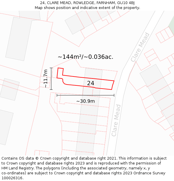 24, CLARE MEAD, ROWLEDGE, FARNHAM, GU10 4BJ: Plot and title map