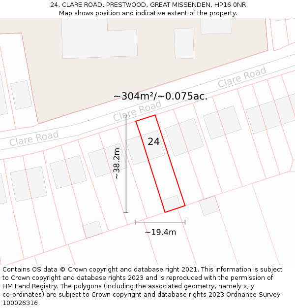 24, CLARE ROAD, PRESTWOOD, GREAT MISSENDEN, HP16 0NR: Plot and title map