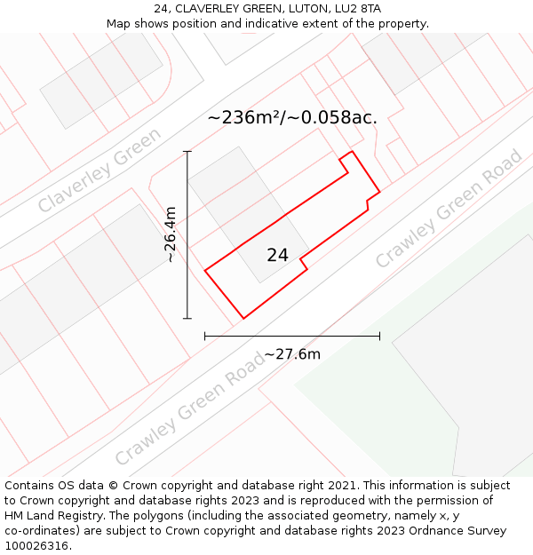 24, CLAVERLEY GREEN, LUTON, LU2 8TA: Plot and title map