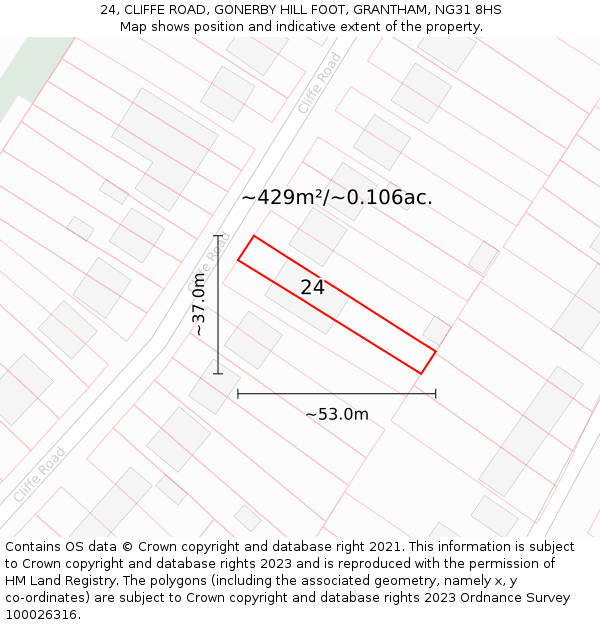 24, CLIFFE ROAD, GONERBY HILL FOOT, GRANTHAM, NG31 8HS: Plot and title map