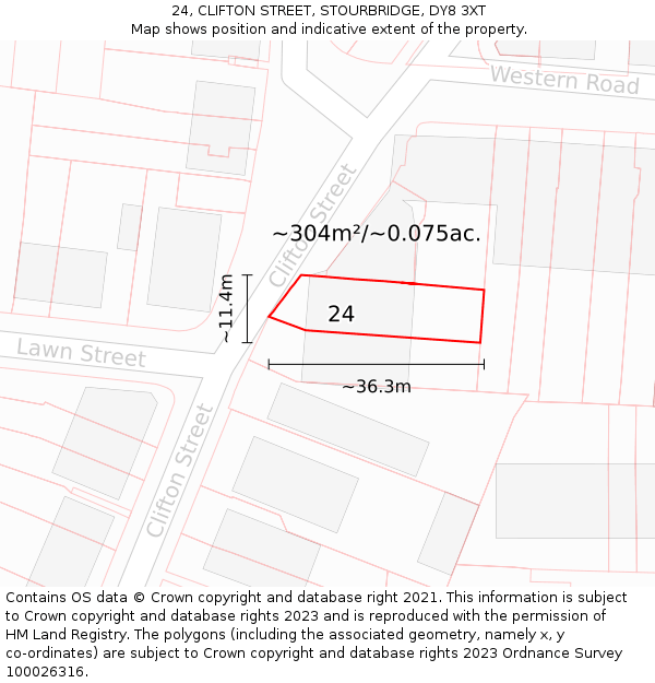 24, CLIFTON STREET, STOURBRIDGE, DY8 3XT: Plot and title map