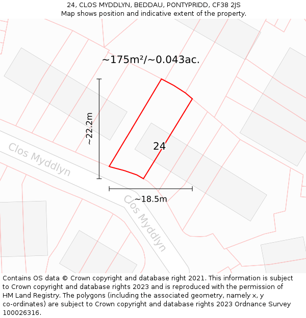 24, CLOS MYDDLYN, BEDDAU, PONTYPRIDD, CF38 2JS: Plot and title map