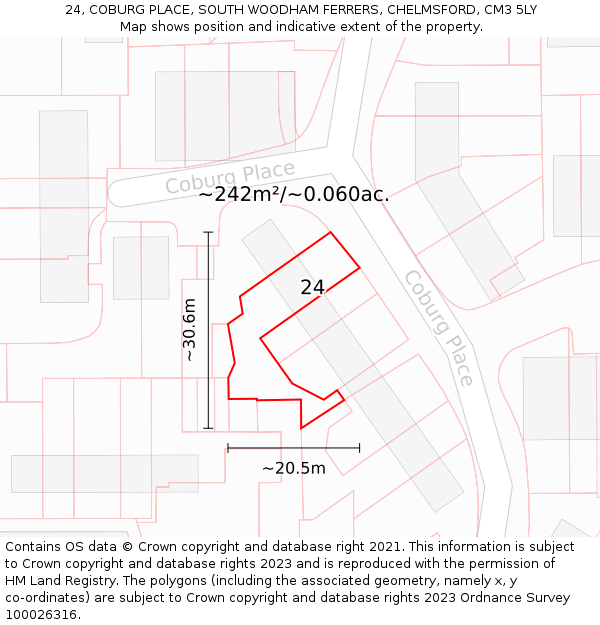24, COBURG PLACE, SOUTH WOODHAM FERRERS, CHELMSFORD, CM3 5LY: Plot and title map