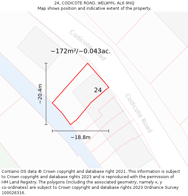 24, CODICOTE ROAD, WELWYN, AL6 9NQ: Plot and title map