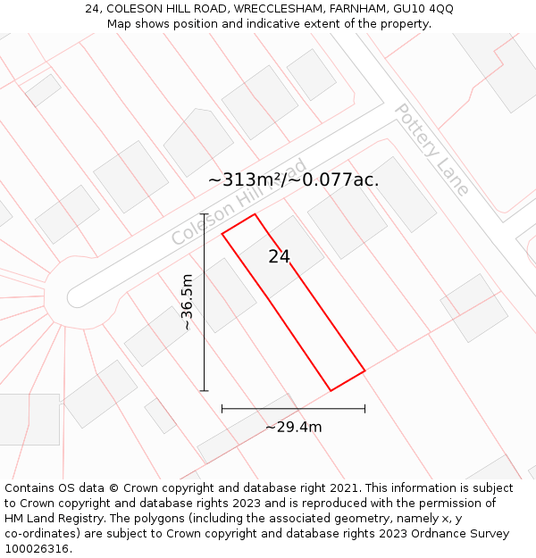 24, COLESON HILL ROAD, WRECCLESHAM, FARNHAM, GU10 4QQ: Plot and title map